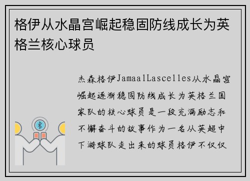 格伊从水晶宫崛起稳固防线成长为英格兰核心球员
