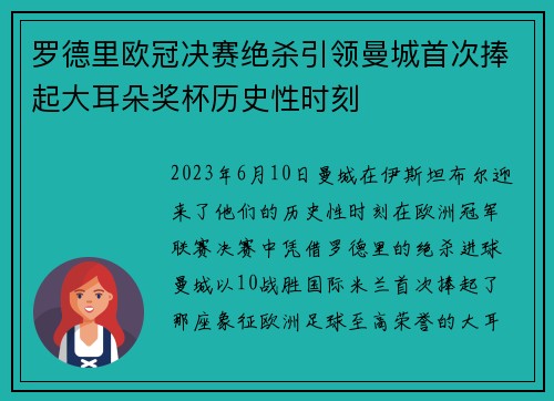 罗德里欧冠决赛绝杀引领曼城首次捧起大耳朵奖杯历史性时刻