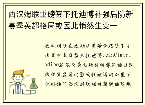 西汉姆联重磅签下托迪博补强后防新赛季英超格局或因此悄然生变一
